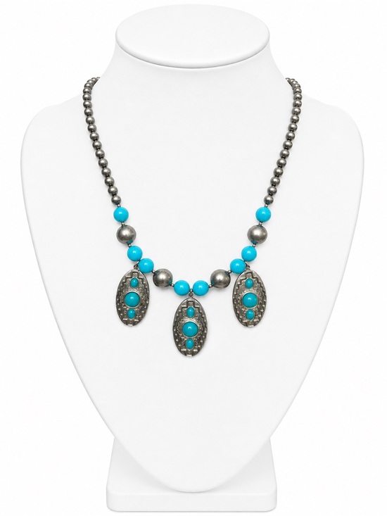 Vintage Jewelry - Vintage Silver-tone & Turquoise Colored Beaded Necklace Southwestern Statement